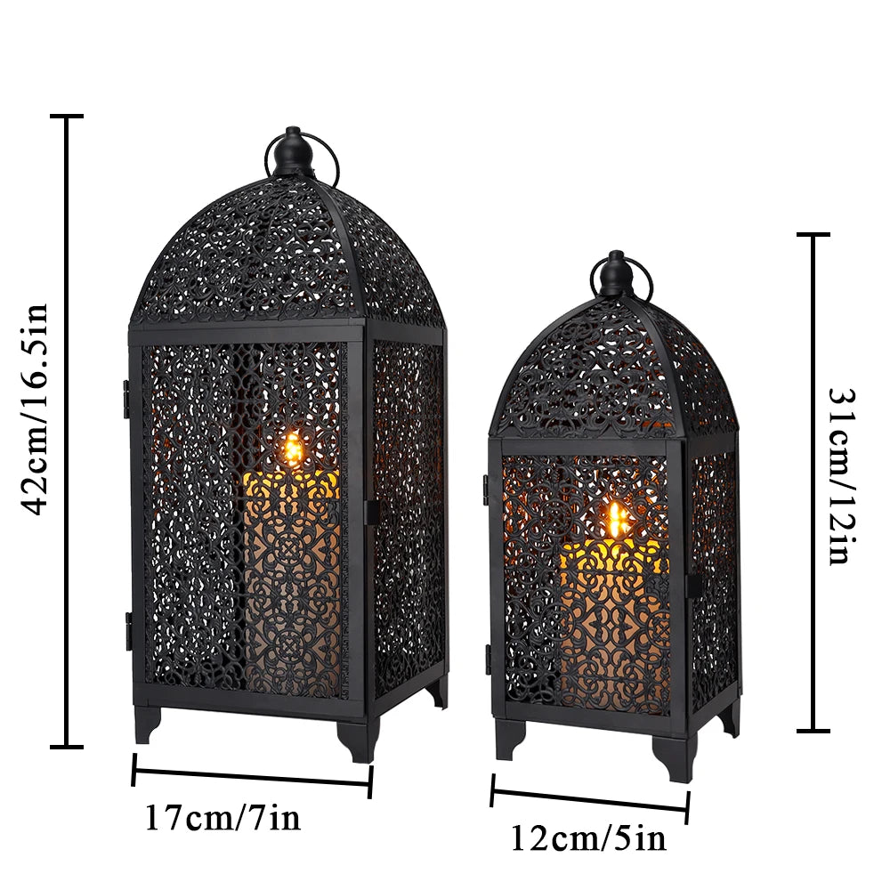 Lanternes décoratives noires en métal avec dimensions détaillées pour décoration intérieure.