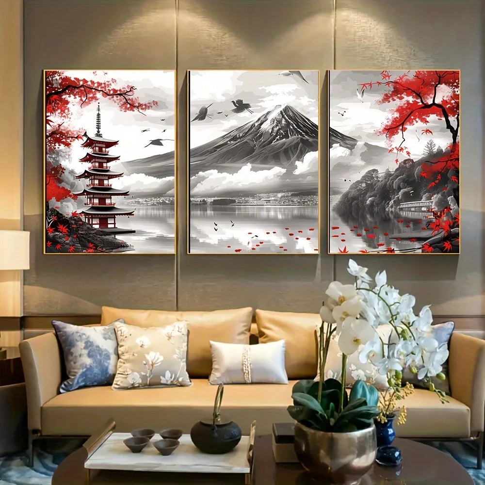Affiche murale japonaise en triptyque illustrant le mont Fuji et un temple traditionnel dans un salon élégant