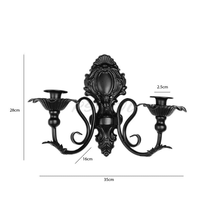 Applique murale décorative noire à deux bras avec dimensions indiquées sur fond blanc.