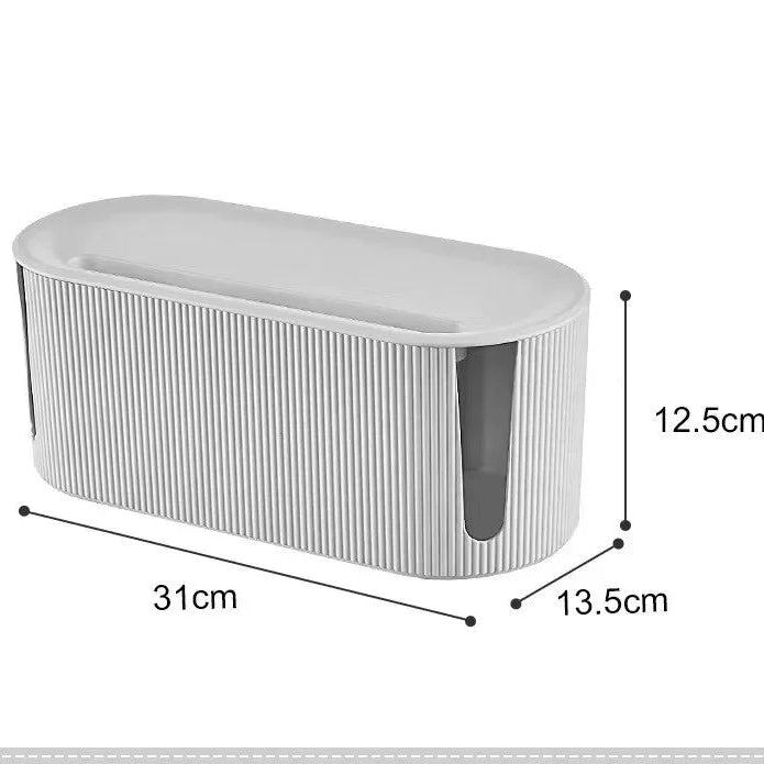 Boite de rangement multiprise blanche avec dimensions précises et design nervuré moderne