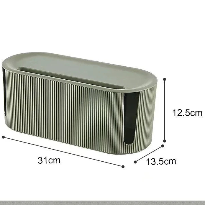 Boite de rangement multiprise verte avec dimensions indiquées et grande capacité de rangement