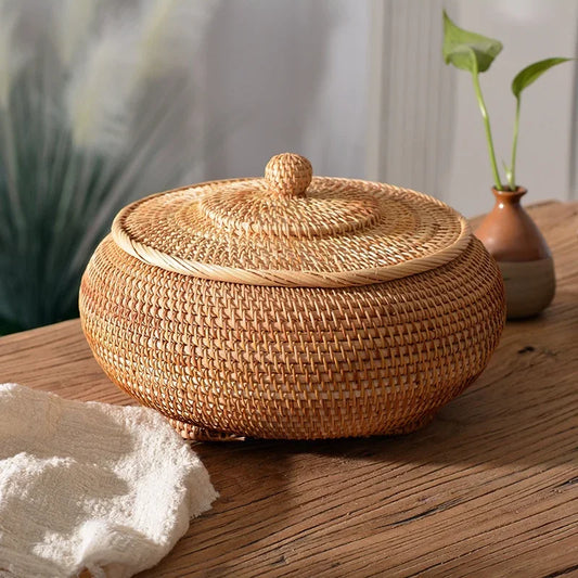 Boite de rangement ronde en rotin avec couvercle pour décoration intérieure