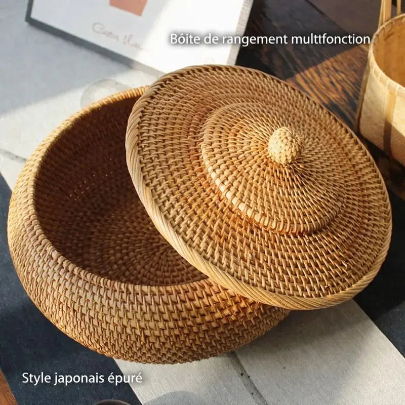 Boite de rangement ronde en rotin ouverte avec couvercle style japonais épuré