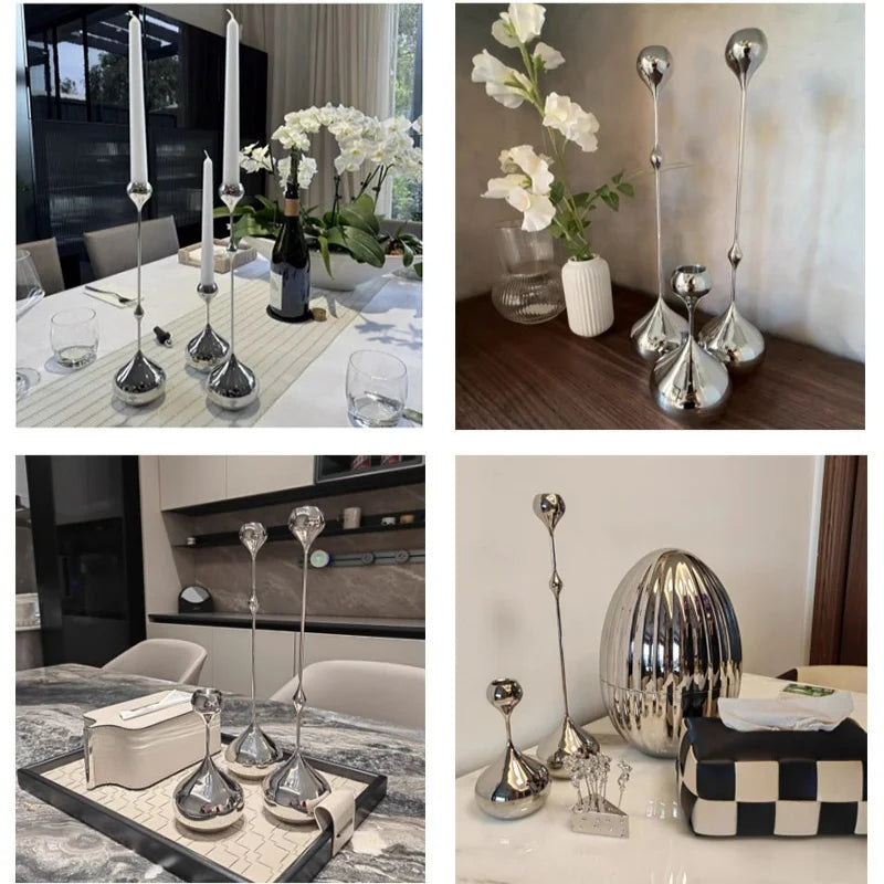 Présentation de bougeoirs décoratifs en métal argenté dans différents espaces intérieurs.