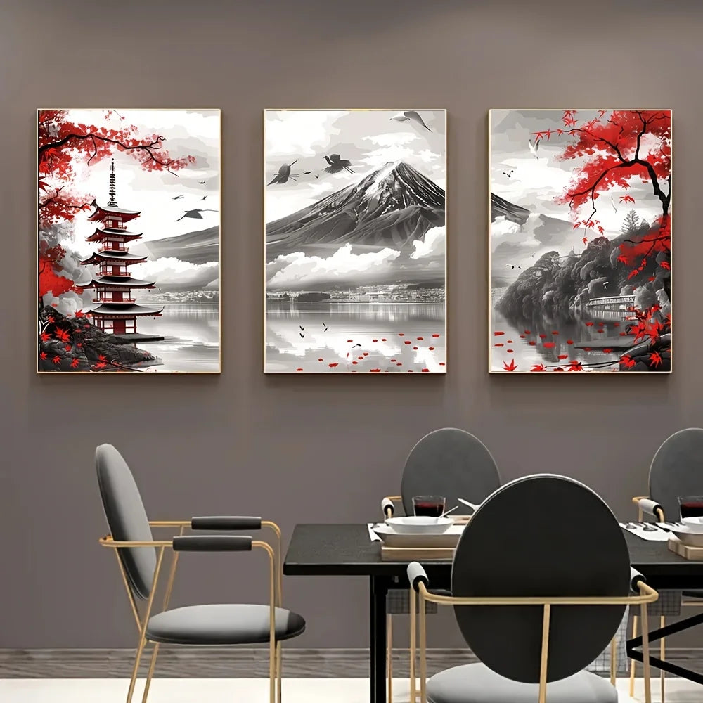 Décoration murale japonaise en triptyque représentant le mont Fuji et un paysage traditionnel dans un intérieur chaleureux