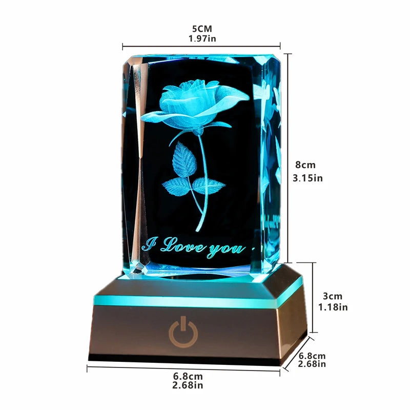 Bloc de cristal gravé en 3D représentant une rose, dimensions 5x8cm sur socle lumineux à touche
