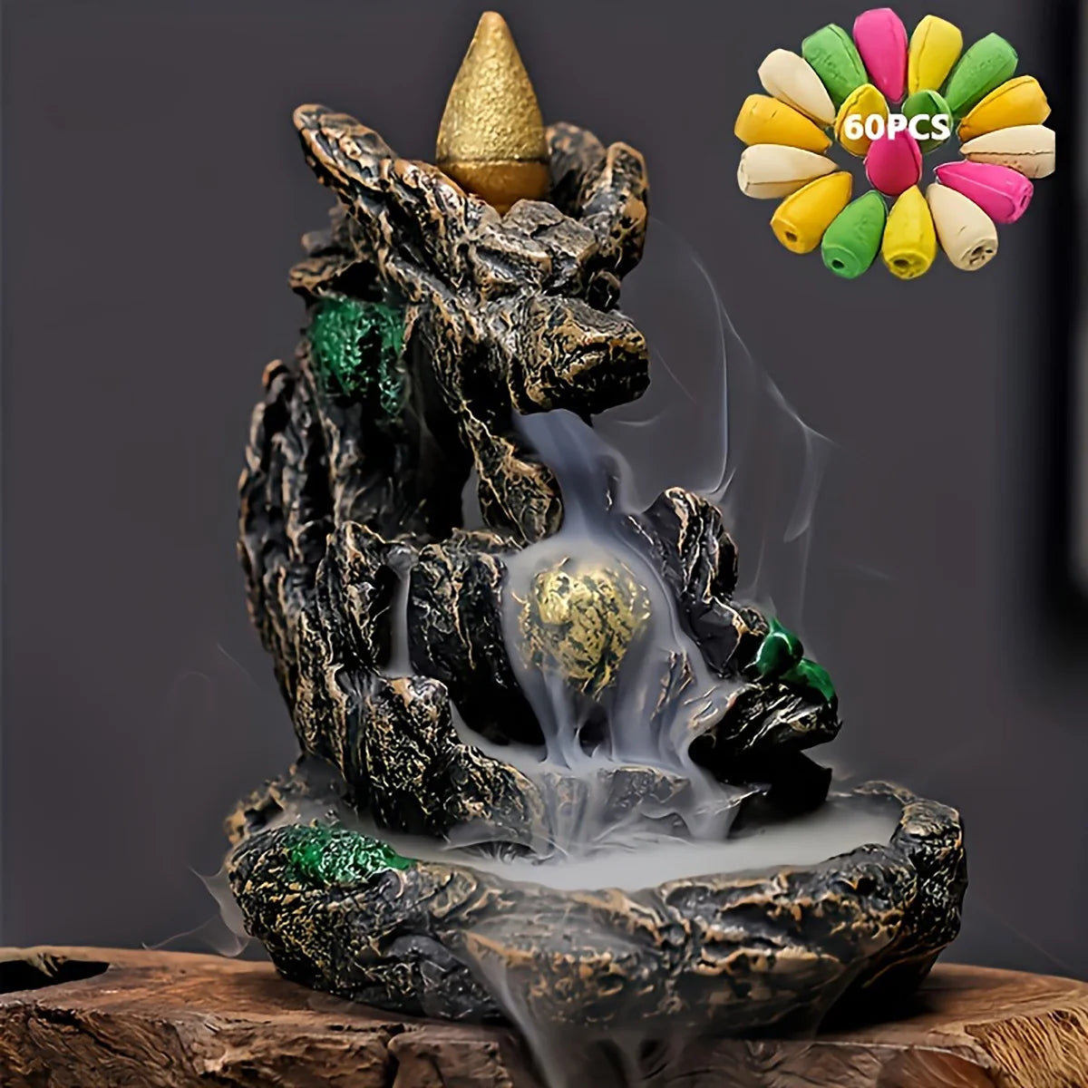 Fontaine décorative en résine utilisée avec encens à refoulement créant un effet de fumée descendante.
