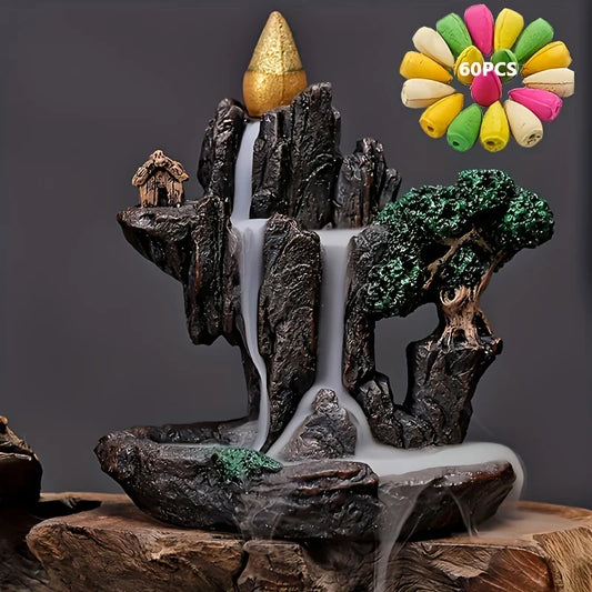 Fontaine décorative intérieure en résine avec cascade, rochers, arbre et petite maison.