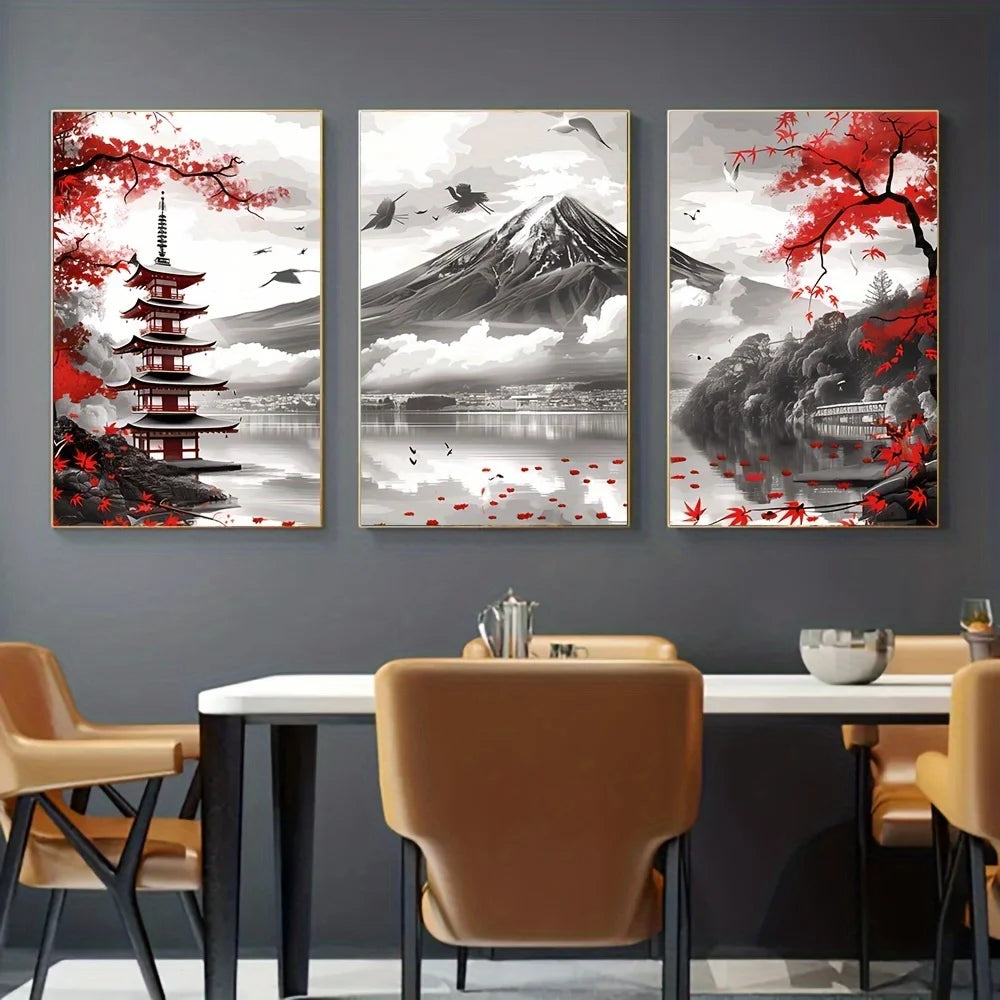 Tableau mural japonais en triptyque avec le mont Fuji et une pagode dans une salle à manger contemporaine