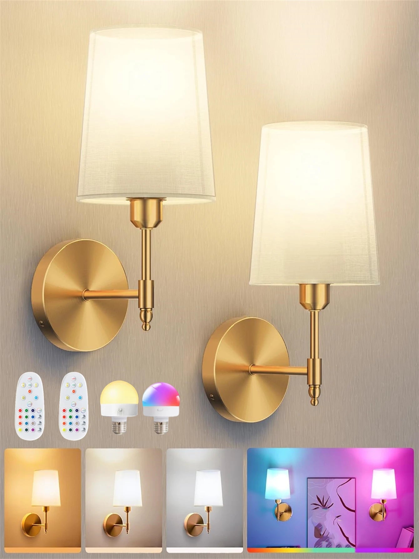 Duo d'appliques murales LED dorées avec abat-jour blanc, télécommandes et ampoules multicolores fournies