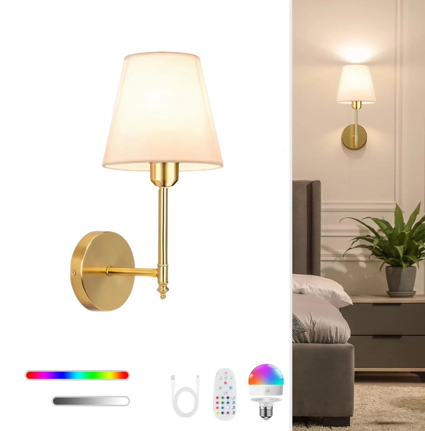 Applique murale dorée sans fil avec câble USB C, télécommande et ampoule LED dimmable multicolore incluse