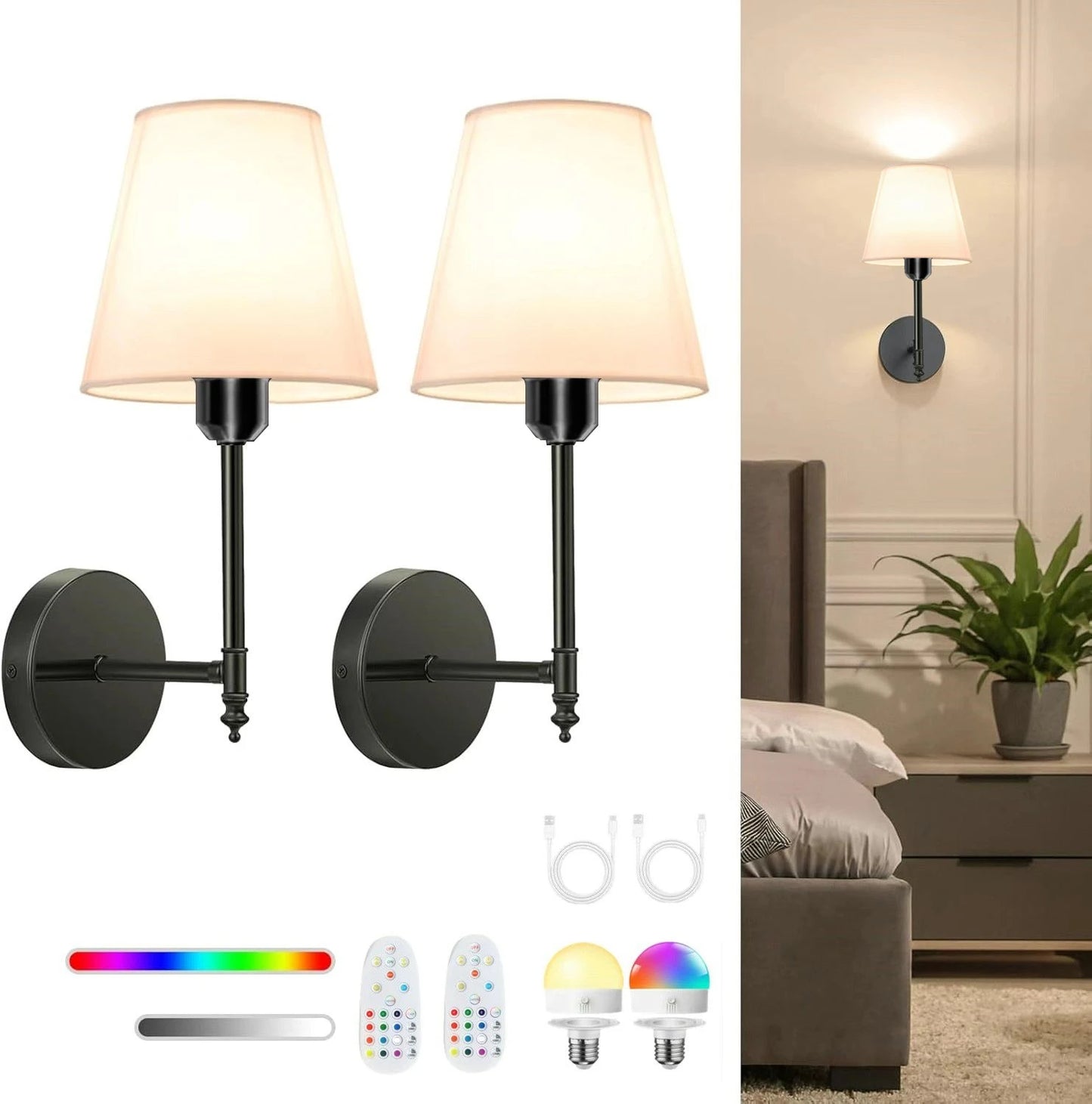 Duo d'appliques murales noires à abat-jour blanc avec télécommandes, câbles et ampoules RGB fournies