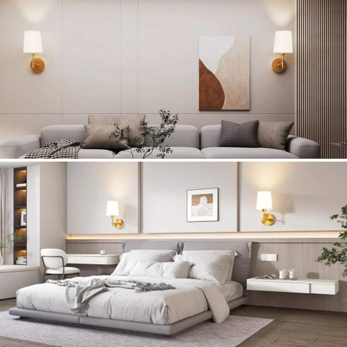 Appliques murales dorées installées au-dessus d'un canapé et d'une tête de lit, style nordique minimaliste
