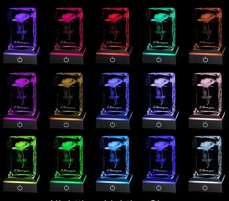 Quinze blocs de cristal gravés rose 3D illustrant toute la palette de couleurs LED du socle lumineux