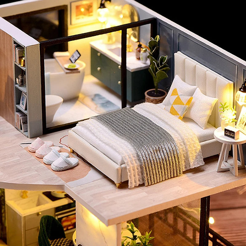 Chambre miniature moderne avec lit double et éclairage intérieur