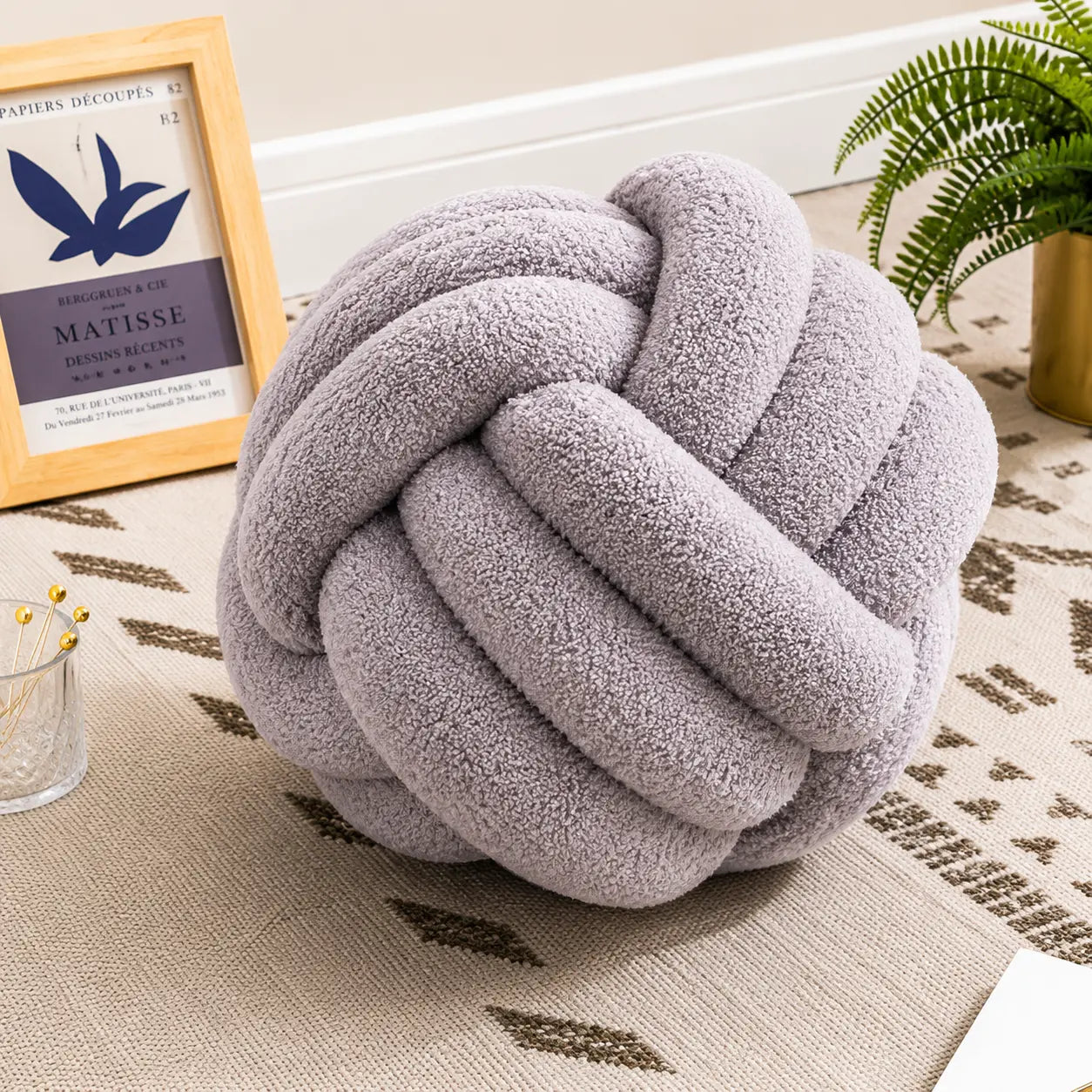 Coussin noeud gris lavande moderne en tissu bouclé décoratif