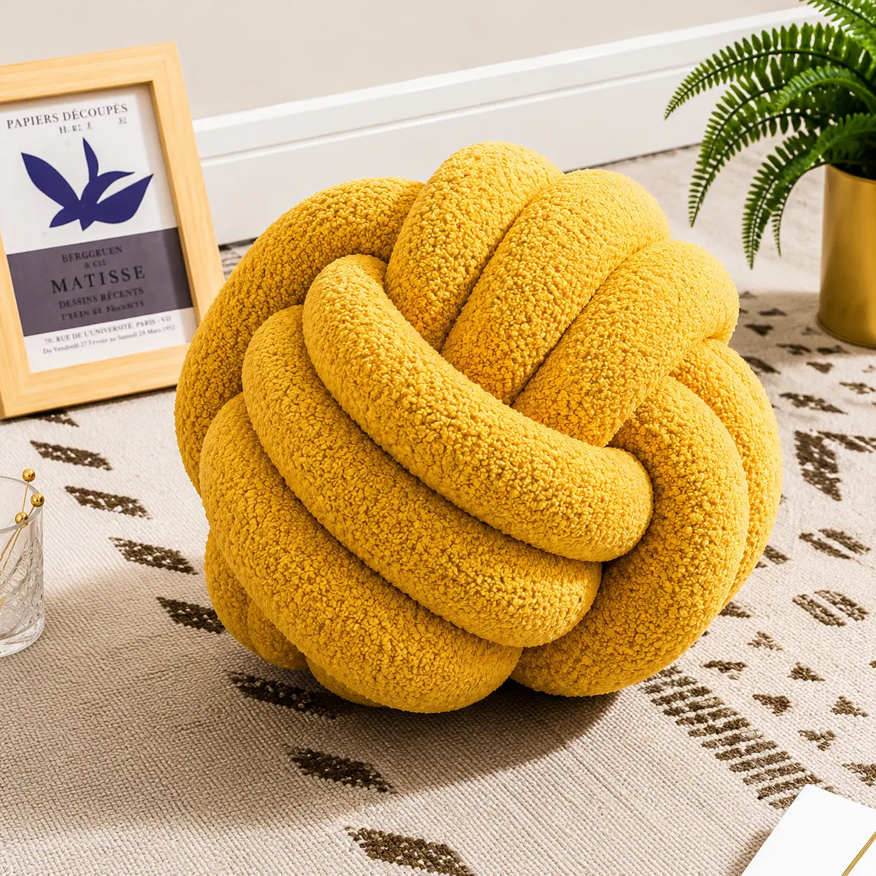 oussin noeud jaune moutarde décoratif en tissu bouclé doux
