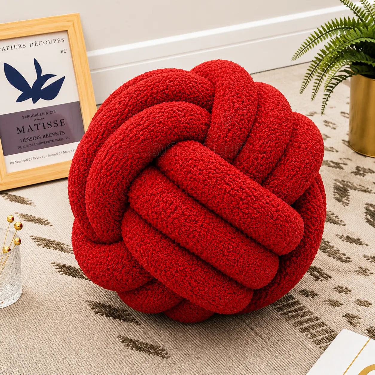 Coussin noeud rouge brique moderne en tissu bouclé pour canapé