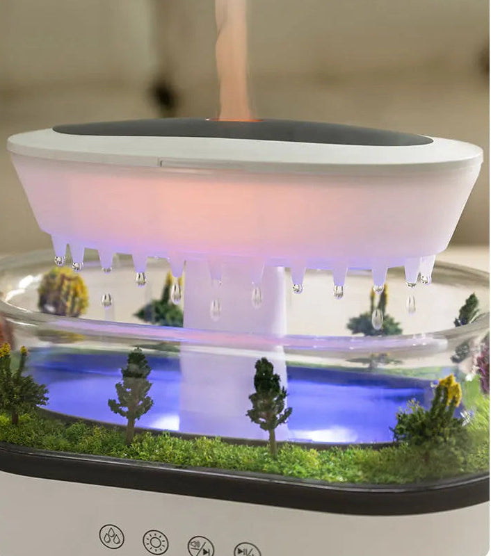 Détail des gouttes d’eau du diffuseur d’arômes effet pluie