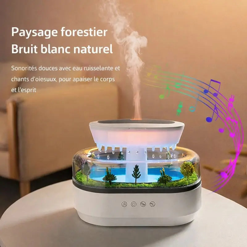 Diffuseur d’arômes effet pluie avec paysage forestier et bruit blanc naturel