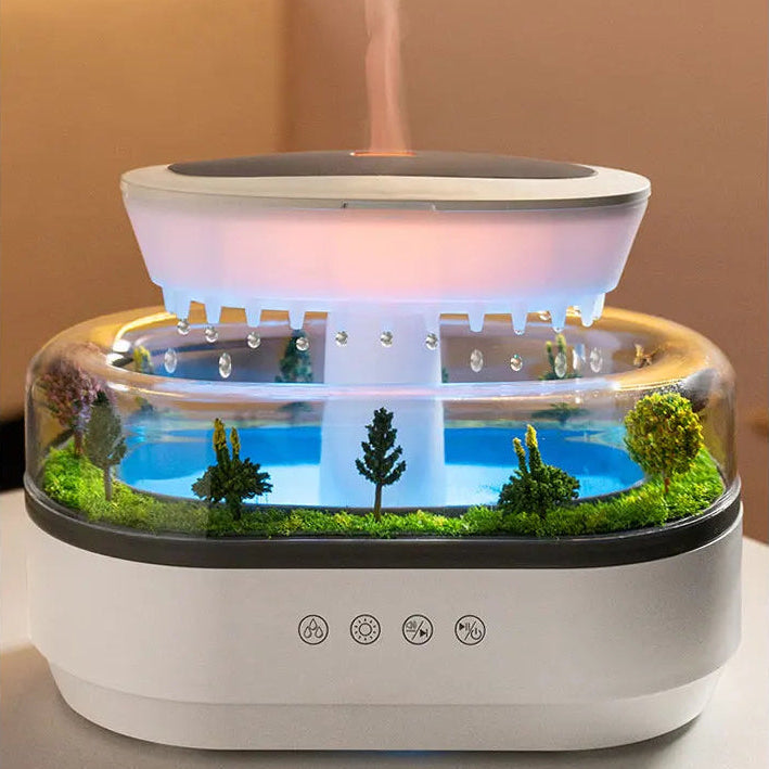 Diffuseur d’arômes effet pluie avec paysage miniature et éclairage LED