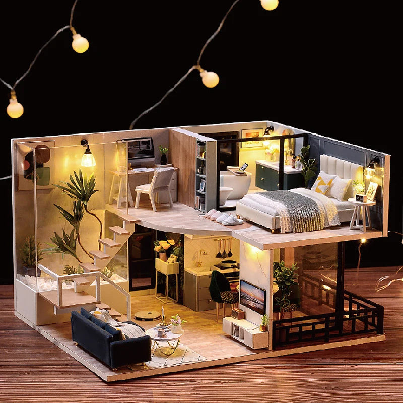 Maison miniature moderne éclairée avec chambre, salon et espace bureau