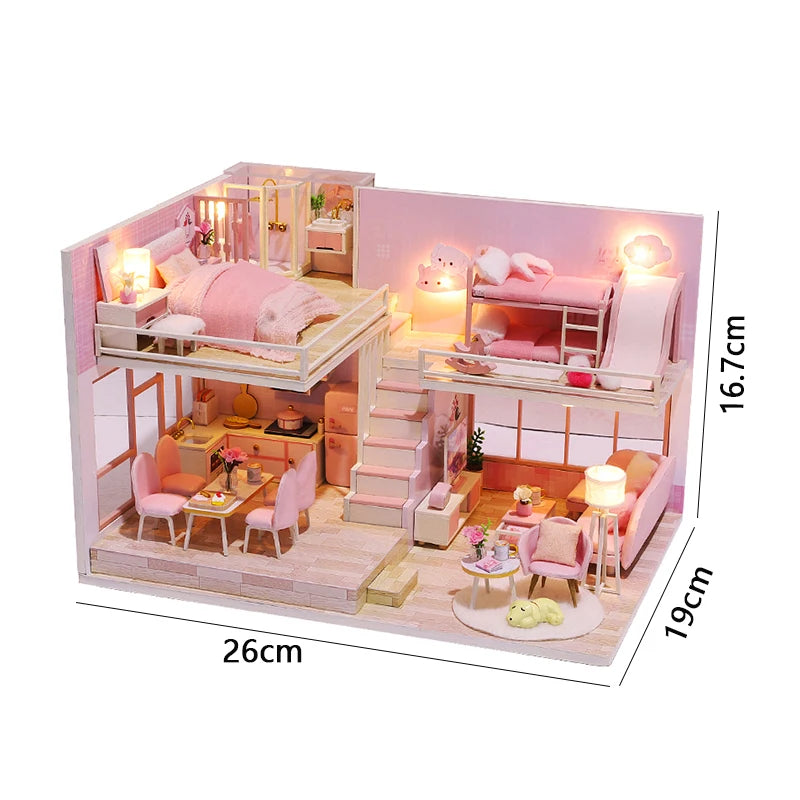 Maison miniature rose lumineuse avec dimensions 26 cm largeur 19 cm profondeur 16.7 cm hauteur