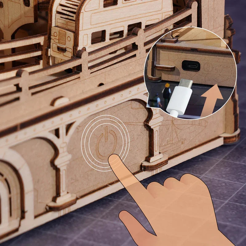 Port de charge USB-C intégré à la maquette en bois de Londres, éclairage rechargeable et bouton tactile