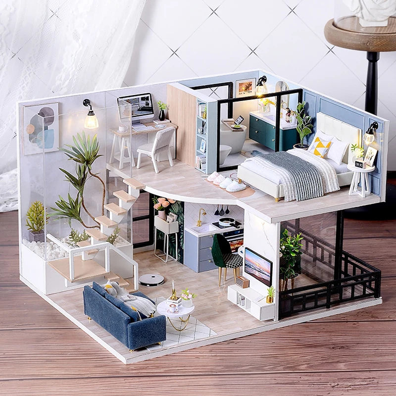 Maquette de maison miniature moderne à deux niveaux avec mobilier détaillé