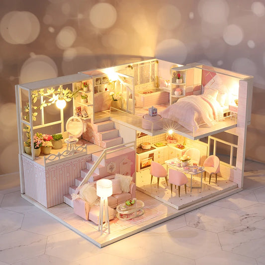 Maquette de maison miniature rose avec éclairage LED chaud et décoration intérieure détaillée