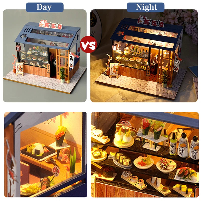 Maquette de restaurant sushi miniature présentée en version jour et nuit avec détails des plats
