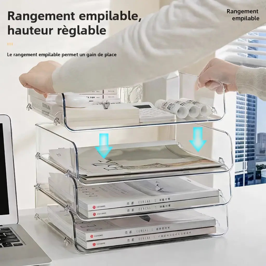Organisateur de bureau empilable avec plateaux réglables pour rangement de documents