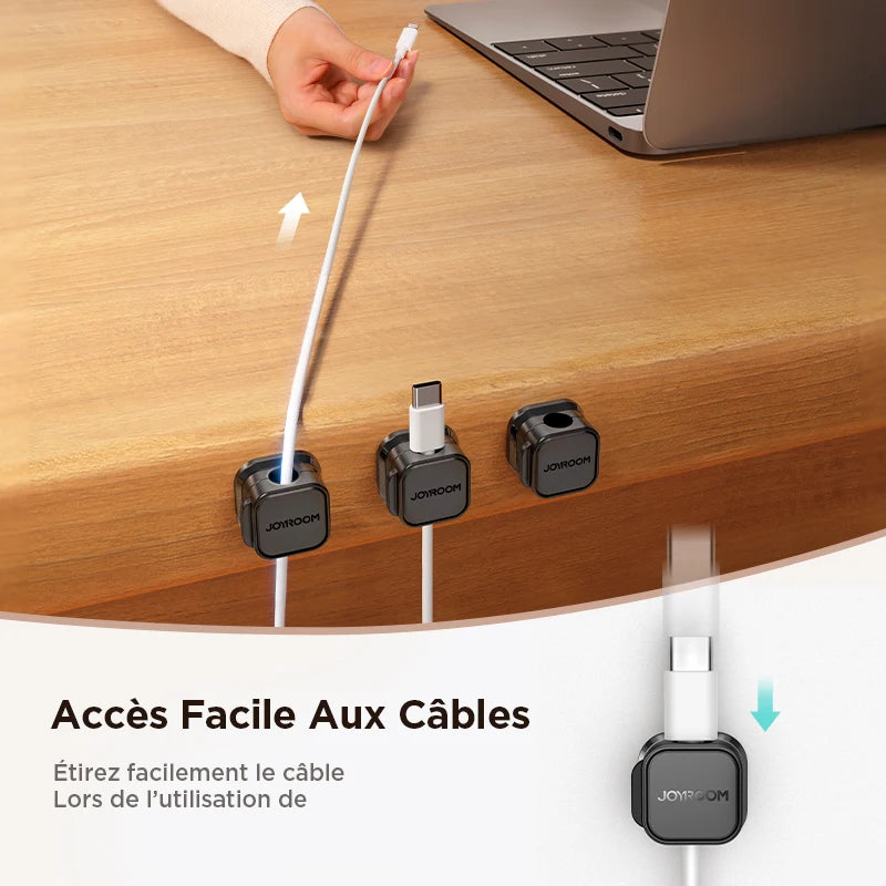 clip magnétique permettant un accès rapide aux câbles de recharge sur bureau