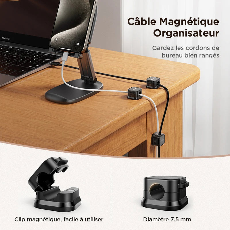 organisateur de câbles magnétique installé sur bureau pour garder les fils bien rangés