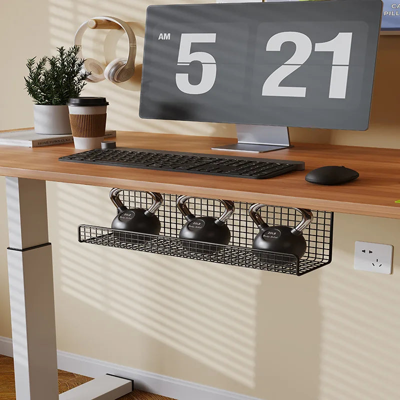 panier de rangement sous bureau en metal noir pour organiser cables accessoires et equipements