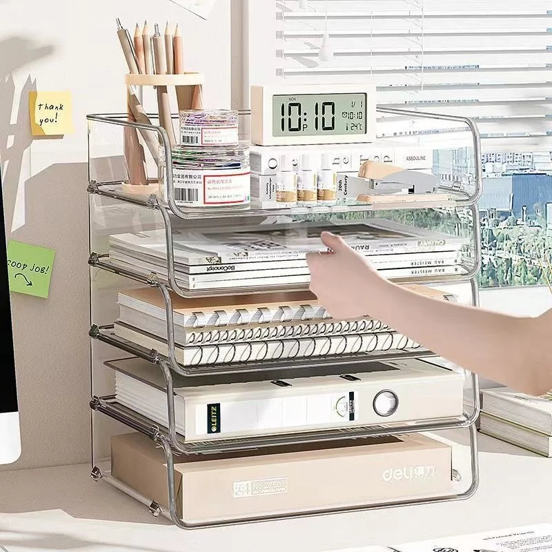 Range documents transparent empilable pour organiser dossiers et cahiers sur bureau