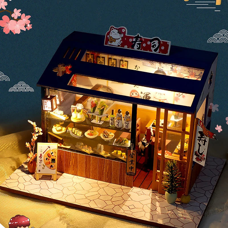 Restaurant sushi miniature avec éclairage LED en ambiance nuit