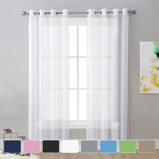 Rideau voilage blanc à œillets dorés avec nuancier de coloris disponibles, décor salon gris moderne