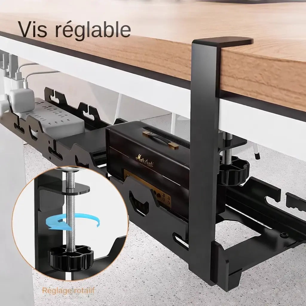 Support de gestion des câbles sous bureau avec système de fixation à vis réglable