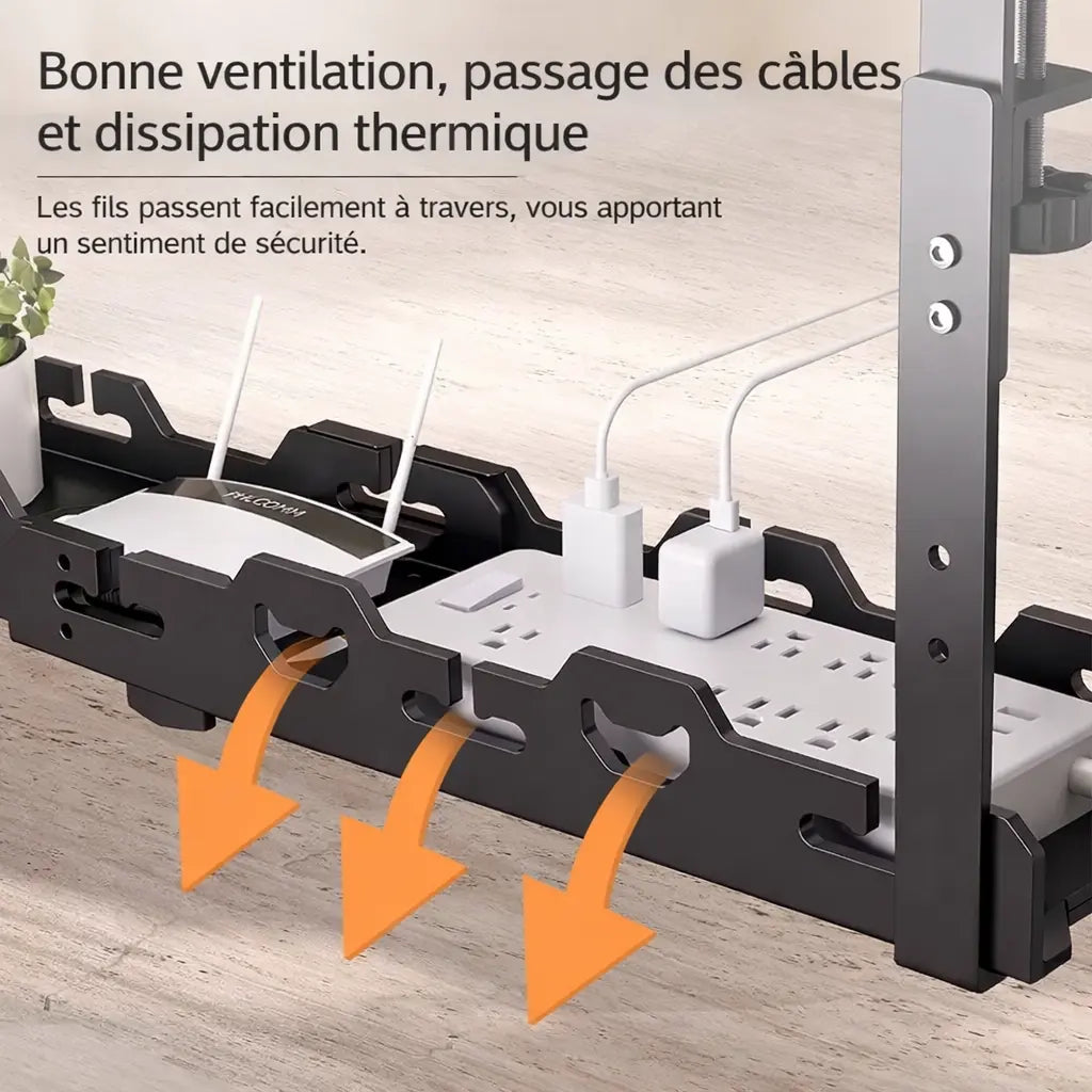 Support de câbles sous bureau avec passage des fils et système de ventilation