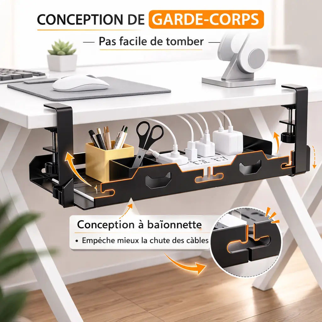 Support multiprise sous bureau avec protection anti chute des câbles