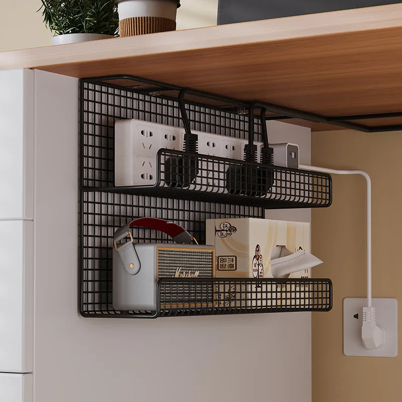 support de rangement sous bureau en grille metal pour multiprise routeur et accessoires bureau