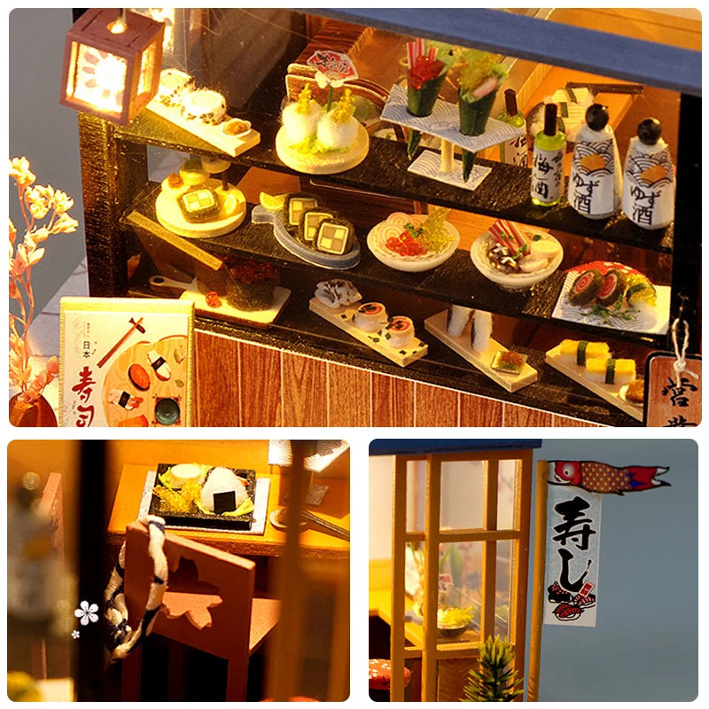 Vitrine de restaurant sushi miniature avec plats japonais détaillés et éclairage chaud